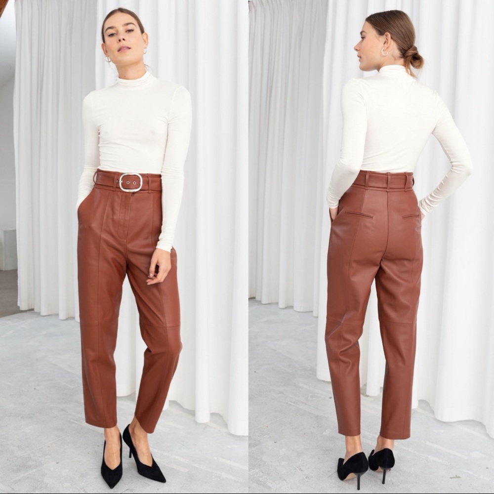 & Other Stories High Waisted Belted Leather Pants in Rust Brown Size 4